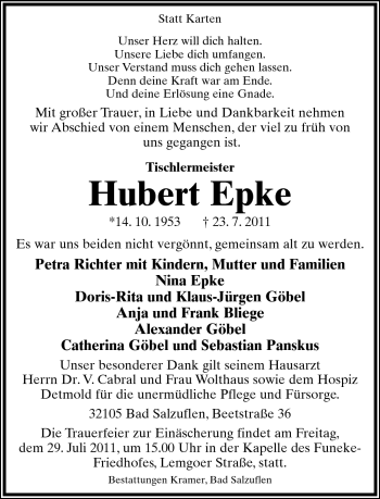 Anzeige  Hubert Epke  Lippische Landes-Zeitung