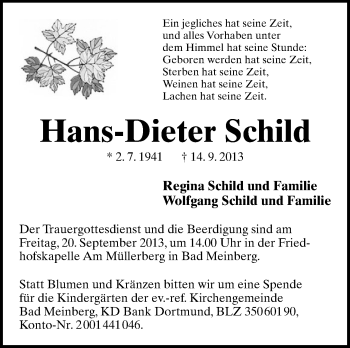 Anzeige  Hand-Dieter Schild  Lippische Landes-Zeitung