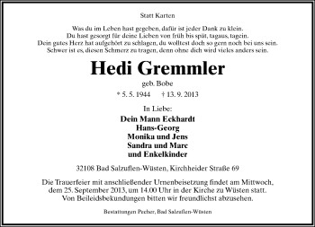 Anzeige  Hedi Gremmler  Lippische Landes-Zeitung