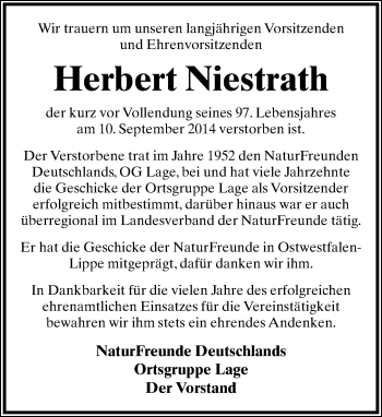 Anzeige  Herbert Niestrath  Lippische Landes-Zeitung