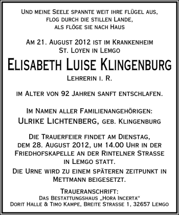 Anzeige  Elisabeth Luise Klingenburg  Lippische Landes-Zeitung