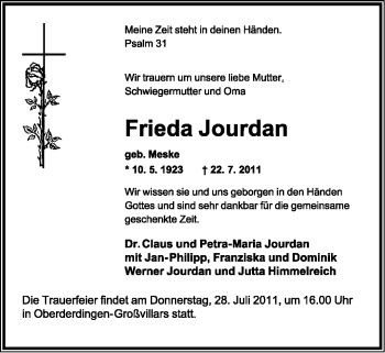 Anzeige  Frieda Jourdan  Lippische Landes-Zeitung