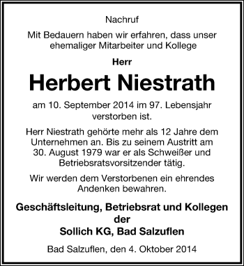 Anzeige  Herbert Niestrath  Lippische Landes-Zeitung