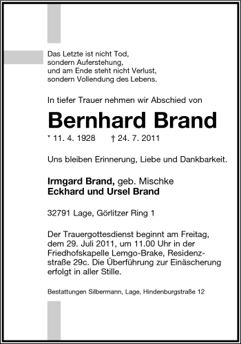 Anzeige  Bernhard Brand  Lippische Landes-Zeitung