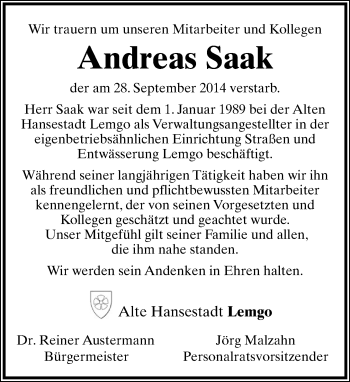 Anzeige  Andreas Saak  Lippische Landes-Zeitung