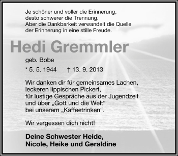 Anzeige  Hedi Gremmler  Lippische Landes-Zeitung