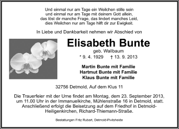 Anzeige  Elisabeth Bunte  Lippische Landes-Zeitung