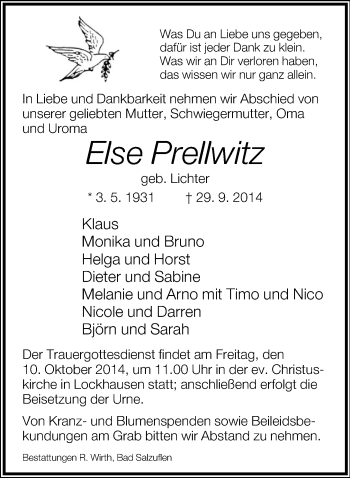 Anzeige  Else Prellwitz  Lippische Landes-Zeitung