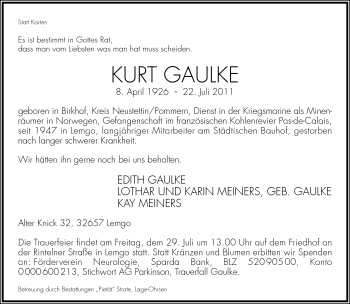 Anzeige  Kurt Gaulke  Lippische Landes-Zeitung