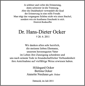 Anzeige  Hans-Dieter Ocker  Lippische Landes-Zeitung