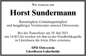 Anzeige  Horst Sundermann  Lippische Landes-Zeitung