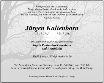 Anzeige  Jürgen Kaltenborn  Lippische Landes-Zeitung