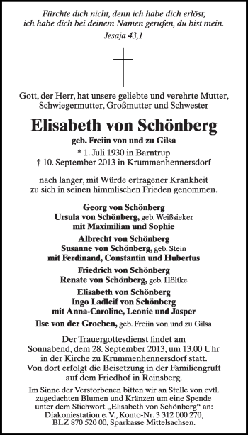Anzeige  Elisabeth von Schönberg  Lippische Landes-Zeitung