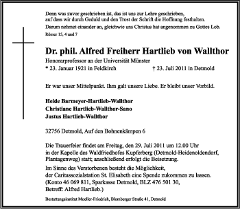 Anzeige  Alfred Freiherr Hartlieb von Wallthor  Lippische Landes-Zeitung