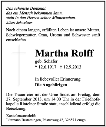 Anzeige  Martha Rolff  Lippische Landes-Zeitung