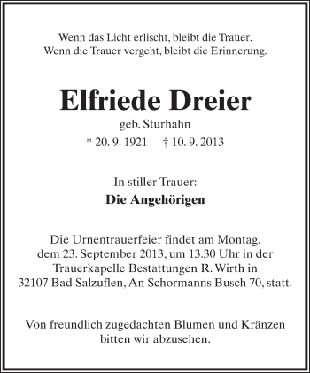 Anzeige  Elfriede Dreier  Lippische Landes-Zeitung
