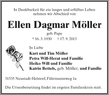Anzeige  Ellen Dagmar Möller  Lippische Landes-Zeitung