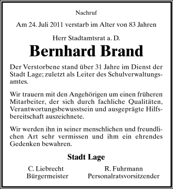 Anzeige  Bernhard Brand  Lippische Landes-Zeitung