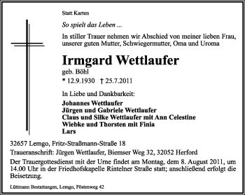 Anzeige  Irmgard Wettlaufer  Lippische Landes-Zeitung