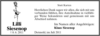 Anzeige  Lilli Siesenop  Lippische Landes-Zeitung