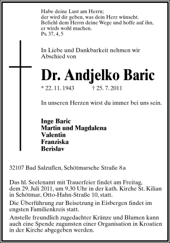 Anzeige  Andjelko Baric  Lippische Landes-Zeitung