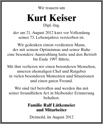 Anzeige  Kurt Keiser  Lippische Landes-Zeitung