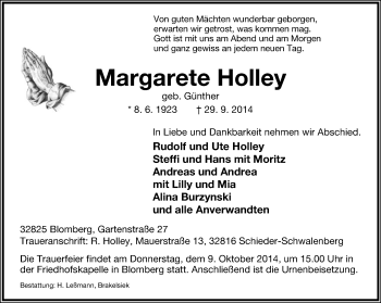 Anzeige  Margarete Holley  Lippische Landes-Zeitung