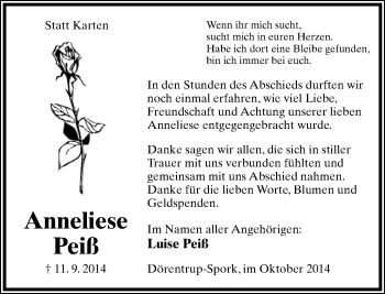 Anzeige  Anneliese Peiß  Lippische Landes-Zeitung