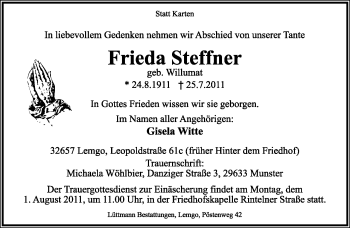 Anzeige  Frieda Steffner  Lippische Landes-Zeitung