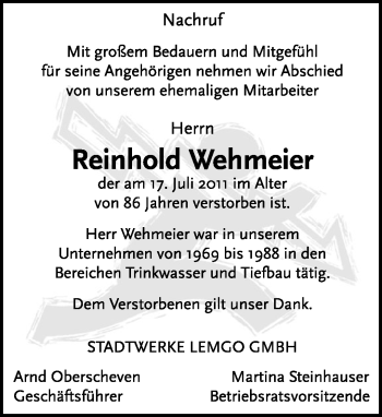 Anzeige  Reinhold Wehmeier  Lippische Landes-Zeitung