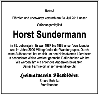 Anzeige  Horst Sundermann  Lippische Landes-Zeitung