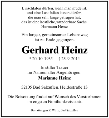 Anzeige  Gerhard Heinz  Lippische Landes-Zeitung
