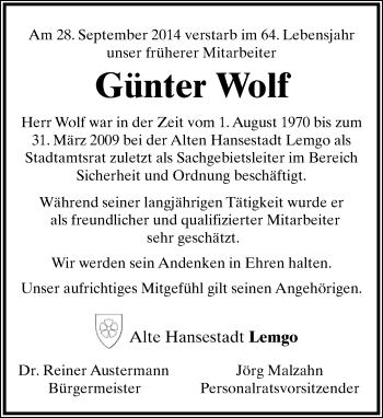 Anzeige  Günter Wolf  Lippische Landes-Zeitung