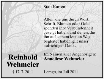 Anzeige  Reinhold Wehmeier  Lippische Landes-Zeitung