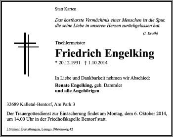 Anzeige  Friedrich Engelking  Lippische Landes-Zeitung