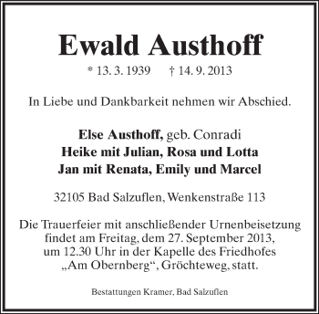 Anzeige  Ewald Austhoff  Lippische Landes-Zeitung