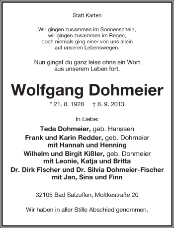 Anzeige  Wolfgang Dohmeier  Lippische Landes-Zeitung