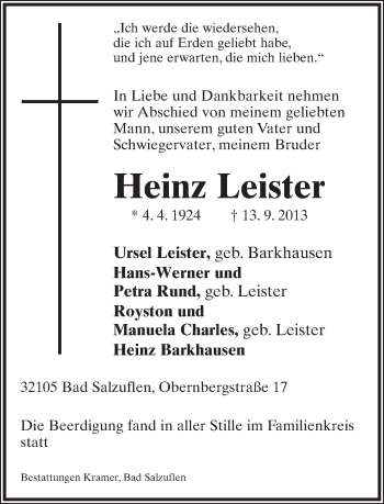 Anzeige  Heinz Leister  Lippische Landes-Zeitung