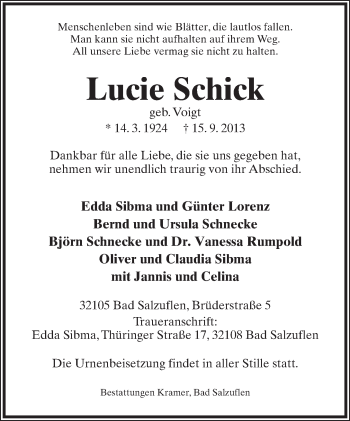 Anzeige  Lucie Schick  Lippische Landes-Zeitung