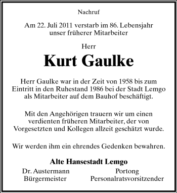 Anzeige  Kurt Gaulke  Lippische Landes-Zeitung