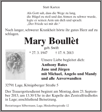 Anzeige  Mary Boullèt  Lippische Landes-Zeitung