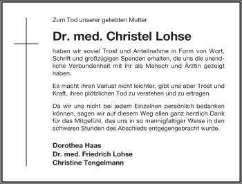 Anzeige  Christel Lohse  Lippische Landes-Zeitung