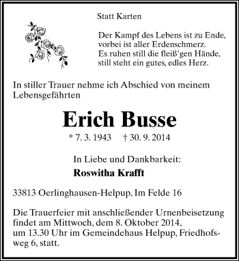 Anzeige  Erich Busse  Lippische Landes-Zeitung