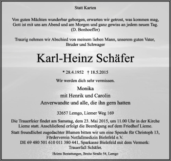 Anzeige  Karl-Heinz Schäfer  Lippische Landes-Zeitung