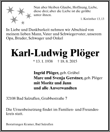 Anzeige  Karl-Ludwig Plöger  Lippische Landes-Zeitung