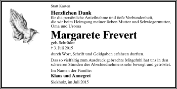 Anzeige  Margarete Frevert  Lippische Landes-Zeitung