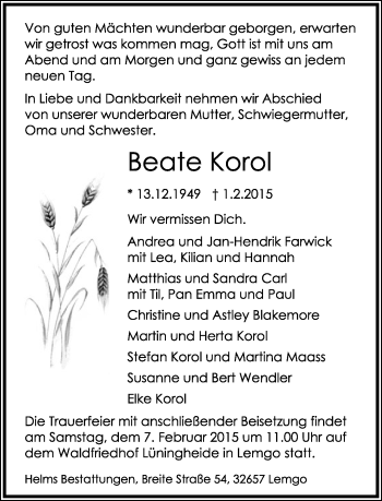 Anzeige  Beate Korol  Lippische Landes-Zeitung