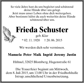 Anzeige  Frieda Schuster  Lippische Landes-Zeitung