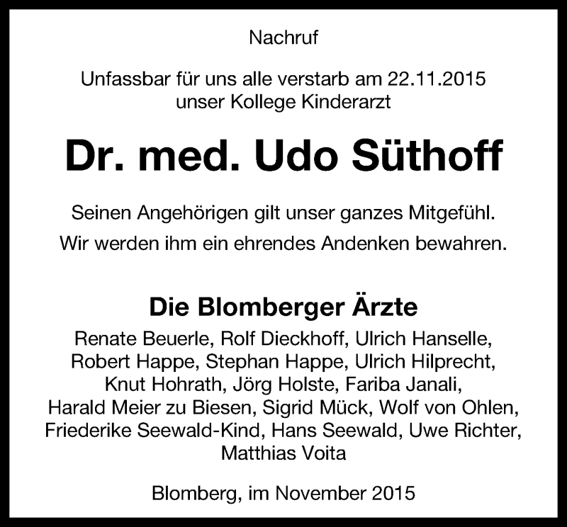  Traueranzeige für Udo Süthoff vom 26.11.2015 aus Lippische Landes-Zeitung