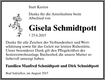 Anzeige  Gisela Schmidtpott  Lippische Landes-Zeitung